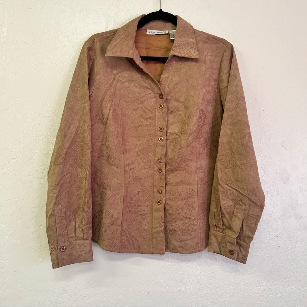 Canyon‎ Road Western Tan Faux Suede Paisley Print Button Up Sz L EUC